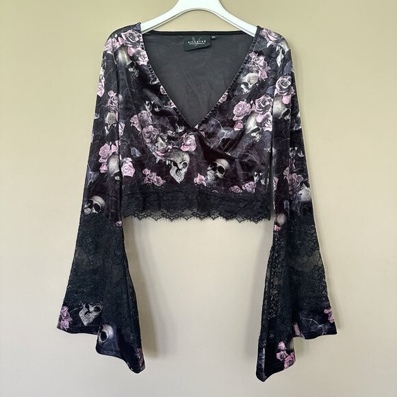 Killstar Witchy Women XL Velvet Top Bell Sleeve Black Skull Pink Rose Whimsigoth - Picture 5 of 11